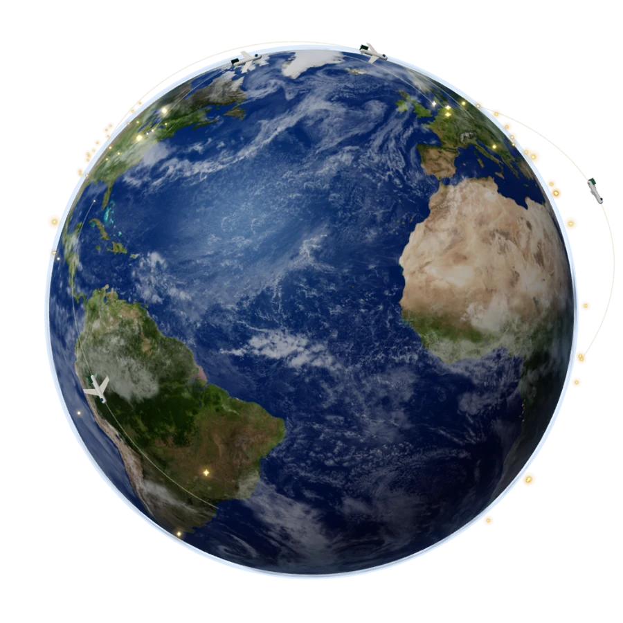 Earth seen from space, with clouds over the Atlantic and travel destinations across continents